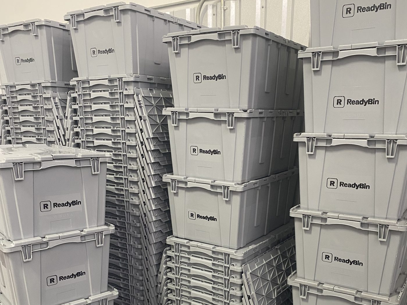 Clean ReadyBin moving bins stocked and ready for delivery