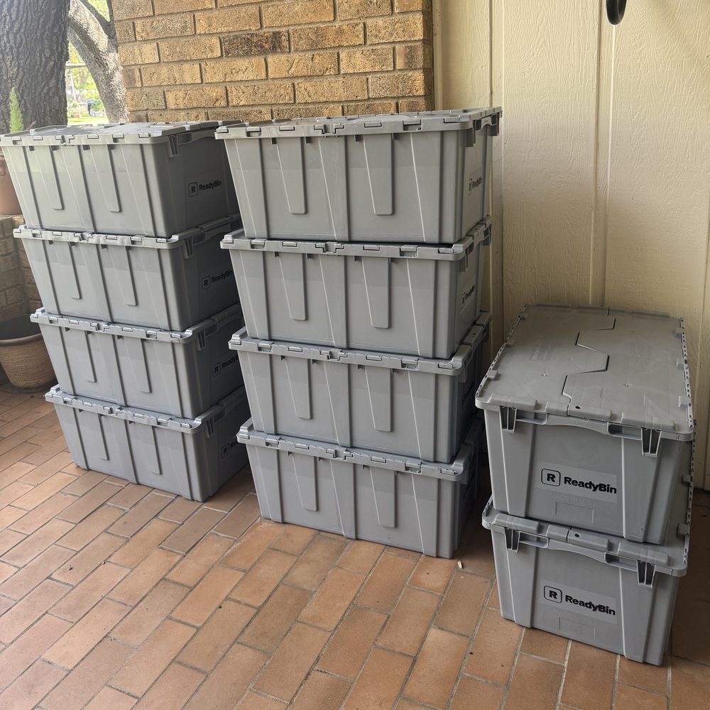 ReadyBin moving bins delivered and stacked at the front door