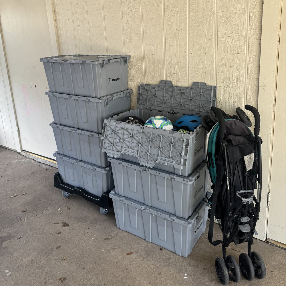 ReadyBin bins stacked on a dolly, ready for pickup